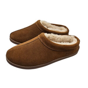MY SLIPPERS Men's Suede Leather Slippers Faux Fur Lining Chestnut Brown Size 10